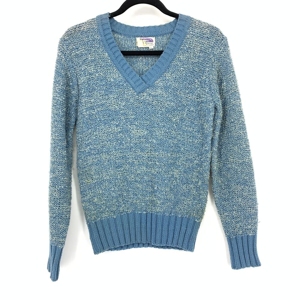 Vintage Pullover Sweater Womens Apx Sz Small Blue Marled Knit V-Neck